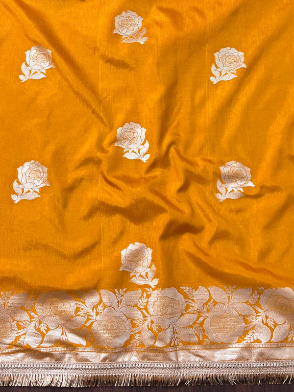 Banarasee Handwoven Semi Silk Saree With Zari Border & Lace-Mustard Yellow