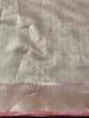 Banarasee Handwoven Tissue Saree With Zari Design & Contrast Broder-Silver & Pink