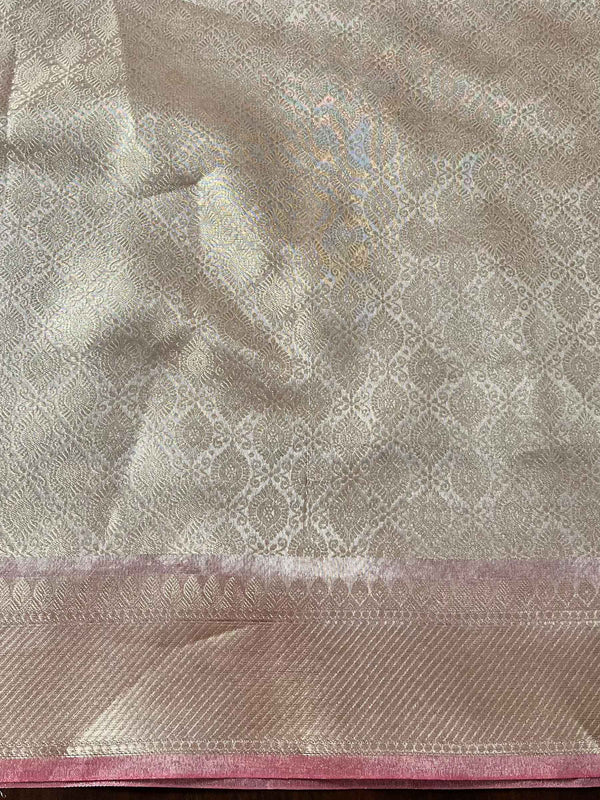 Banarasee Handwoven Tissue Saree With Zari Design & Contrast Broder-Silver & Pink