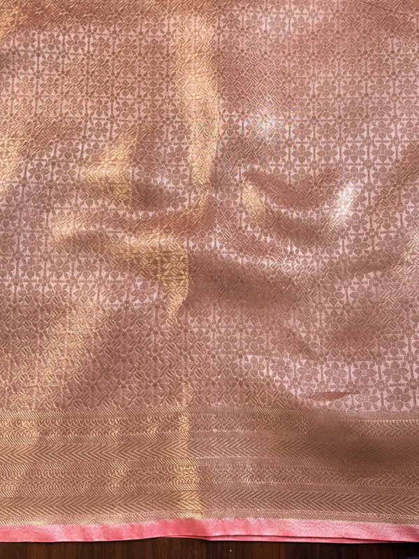 Banarasee Handwoven Tissue Saree With Silver Zari Design & Broder-Onion Pink