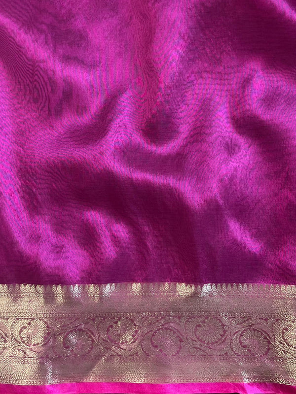 Banarasee Handwoven Plain Tissue Saree Zari Border With Lace-Magenta
