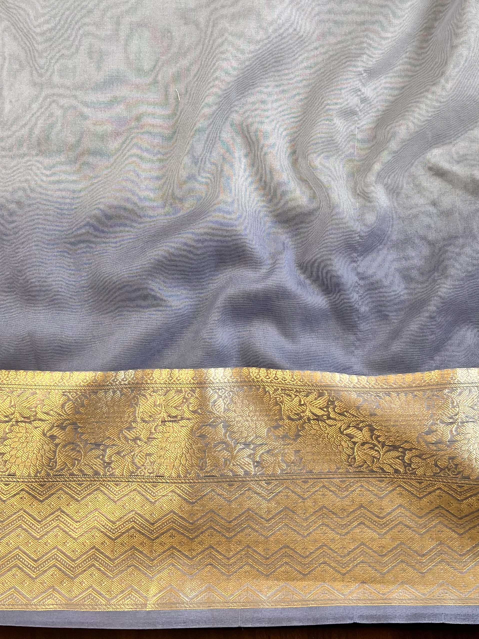 Banarasee Organza Dual Color Plain Saree With Zari Border Design-Pastel Blue