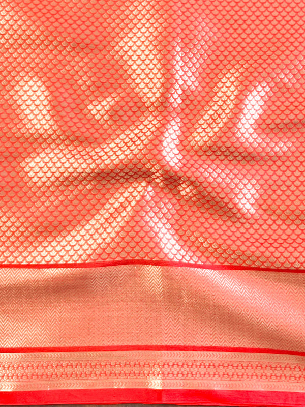 Banarasee Handwoven Tissue Zari Saree With Contrast Broder & Lace-White & Red