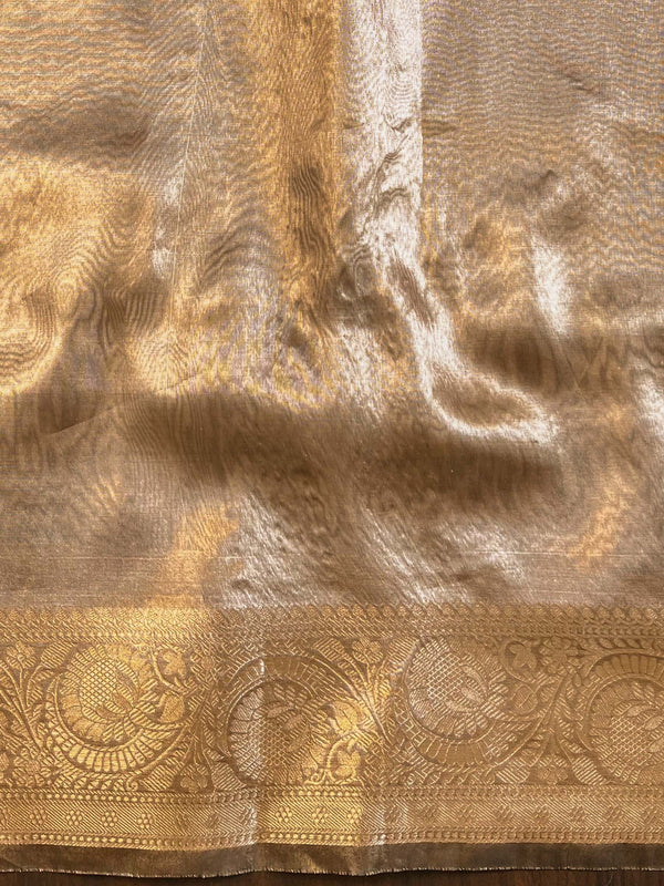Banarasee Handwoven Plain Tissue Saree With Copper Zari Border-Multicolor