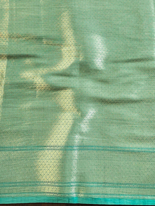 Banarasee Handloom Pure Chiniya Silk Saree With Zari Work & Contrast Border-Salmon Pink & Green