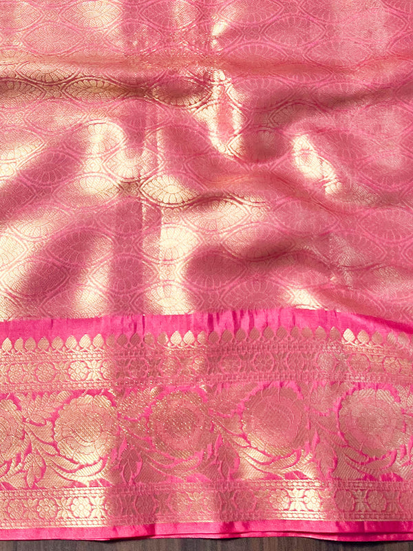 Banarasee Handwoven Tissue Saree With Zari Jaal Design & Broad Broder-Blue & Pink