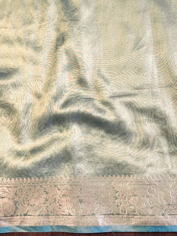 Banarasee Handwoven Plain Tissue Saree With Zari Border & Lace-Blue