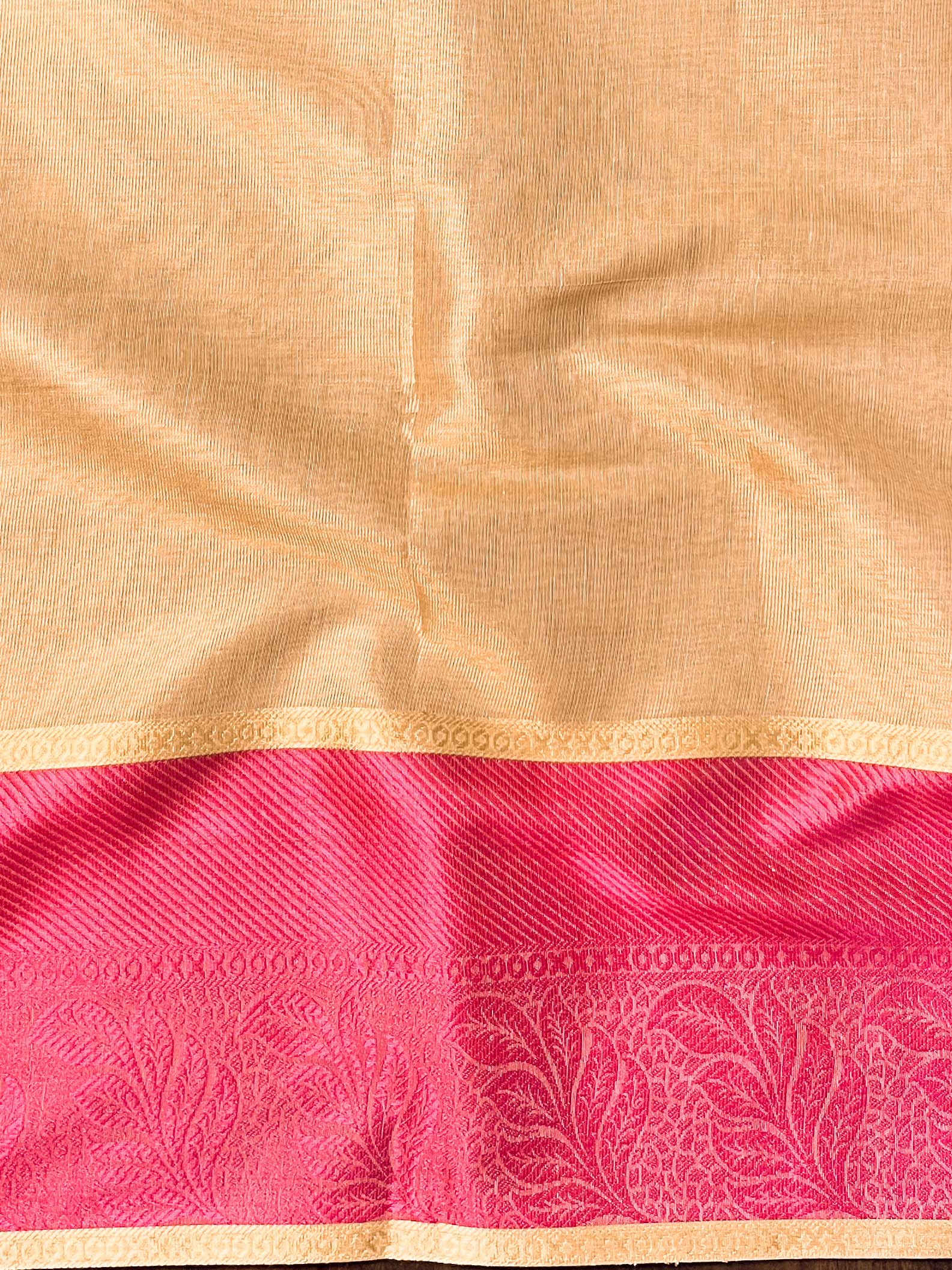Banarasee Handwoven Plain Tissue Saree With Contrast Zari Border-Gold & Pink