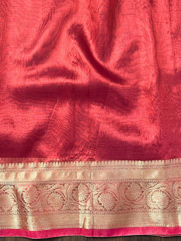 Banarasee Handwoven Plain Tissue Saree With Zari Border & Lace-Red