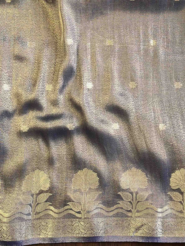 Banarasee Handwoven Soft Tissue Saree Zari Border With Lace-Deep Blue