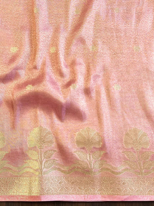 Banarasee Handwoven Soft Tissue Saree Zari Border With Lace-Pink