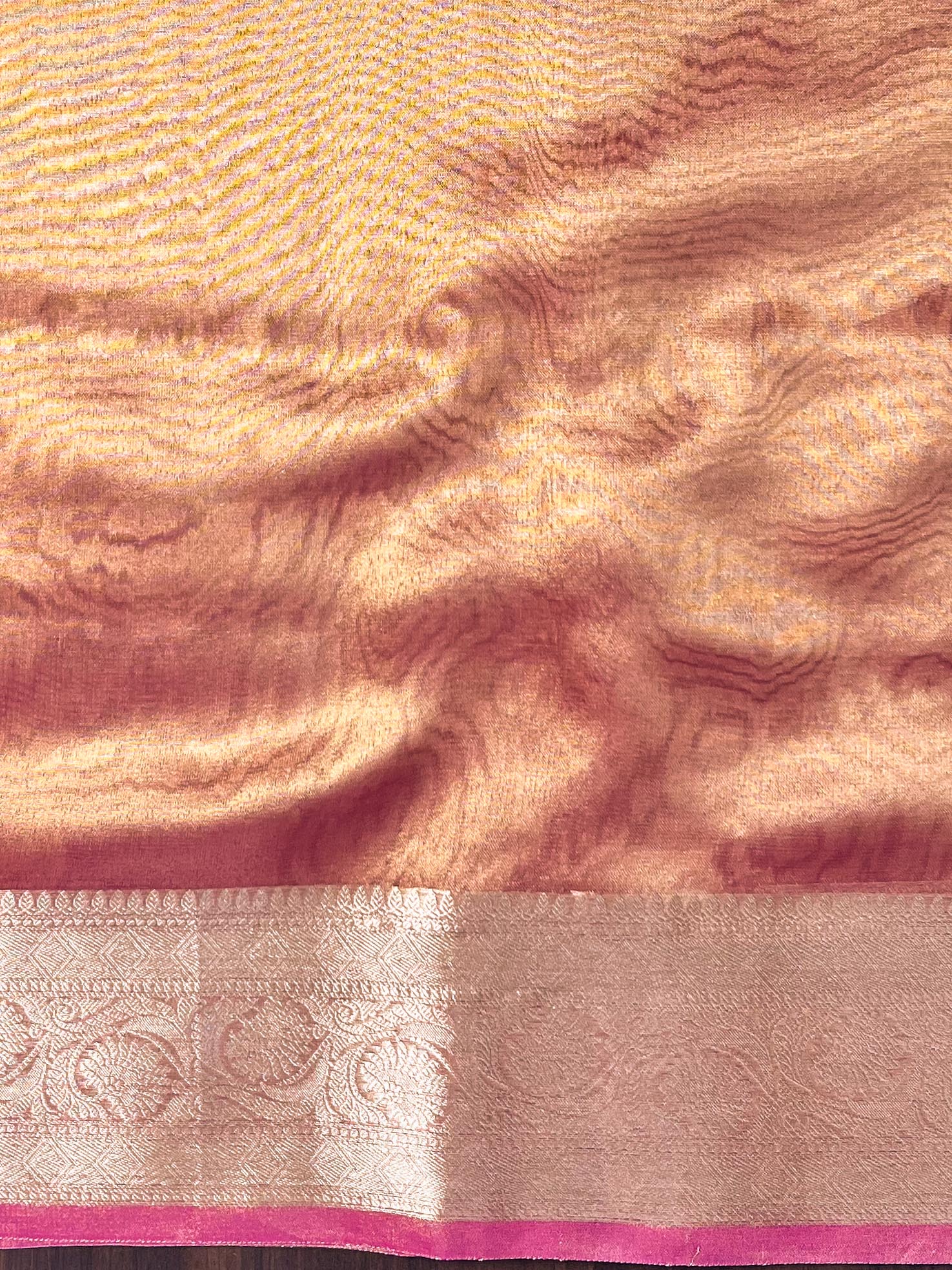 Banarasee Handwoven Plain Tissue Saree With Zari Border & Lace-Pink