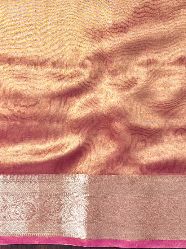 Banarasee Handwoven Plain Tissue Saree With Zari Border & Lace-Pink