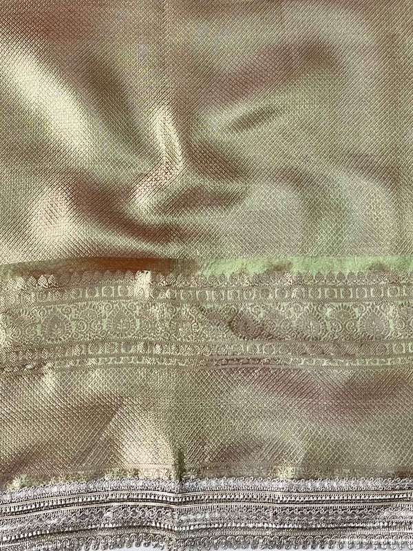 Banarasee Handwoven Tissue Saree With Zari Jaal Design & Border Lace-Olive Green (Dual Shade)