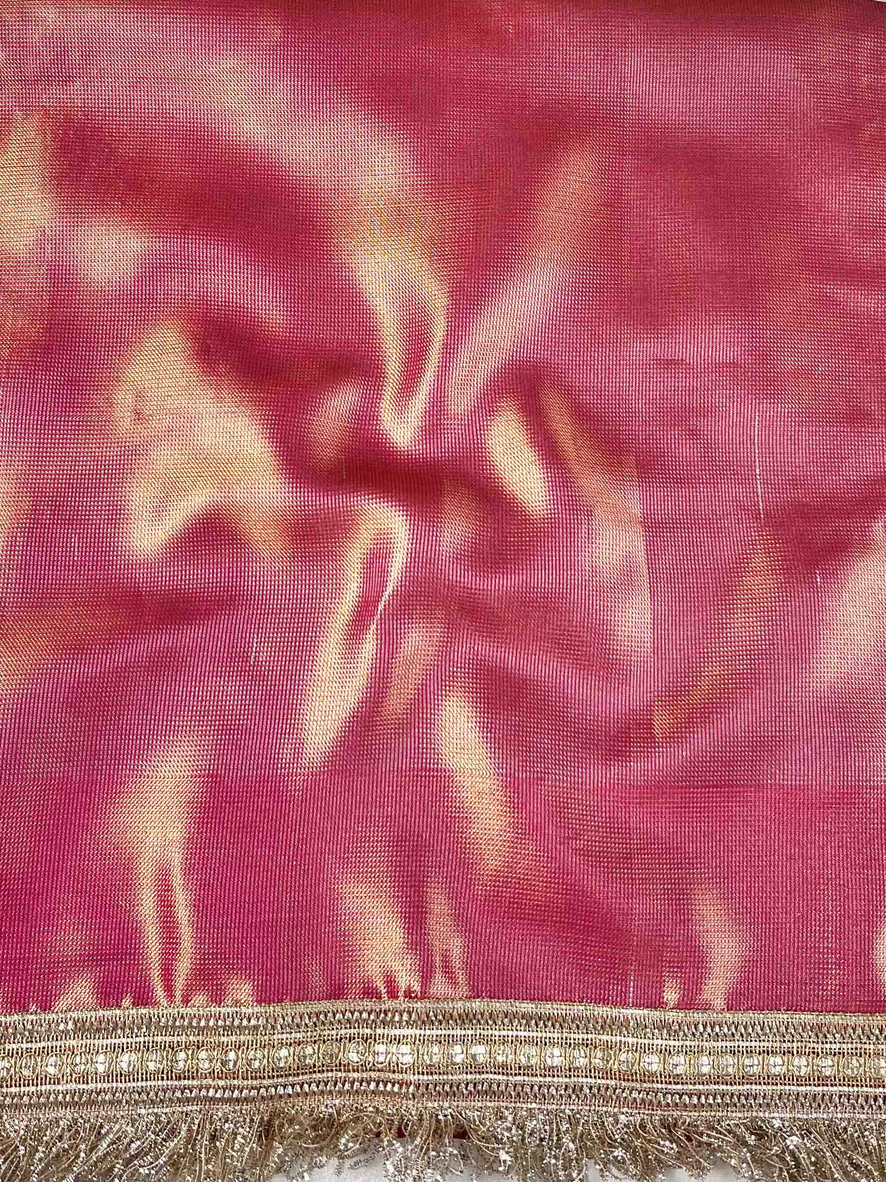 Banarasee Handwoven Tissue Zari Jaal Design Saree With Broder & Lace-Pink
