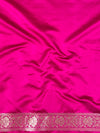 Banarasee Handwoven Semi Katan Saree With Zari Buti & Contrast Border-White & Pink
