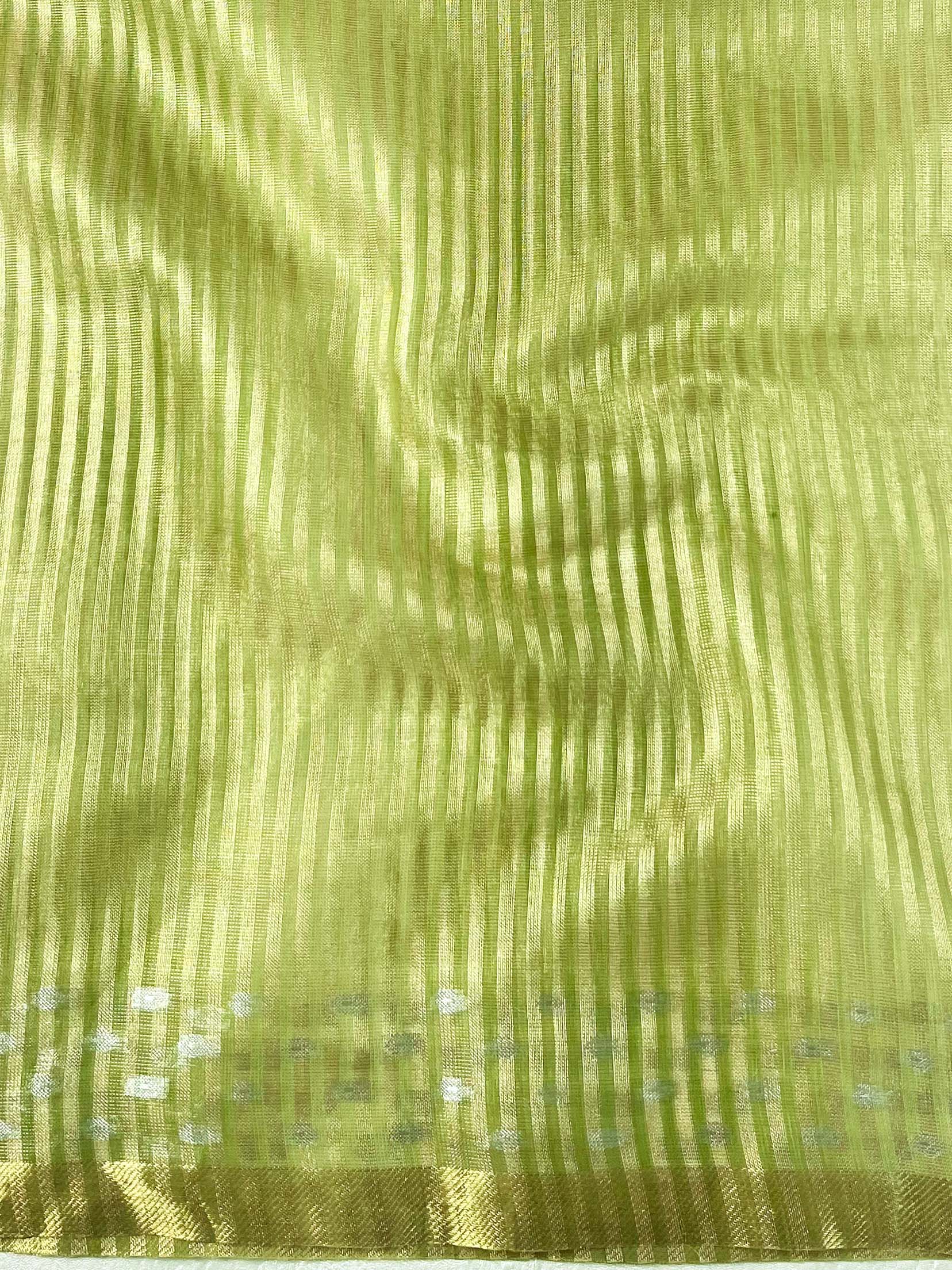 Banarasee Handwoven Shaded Tissue Saree With Gold Zari Border-Olive Green