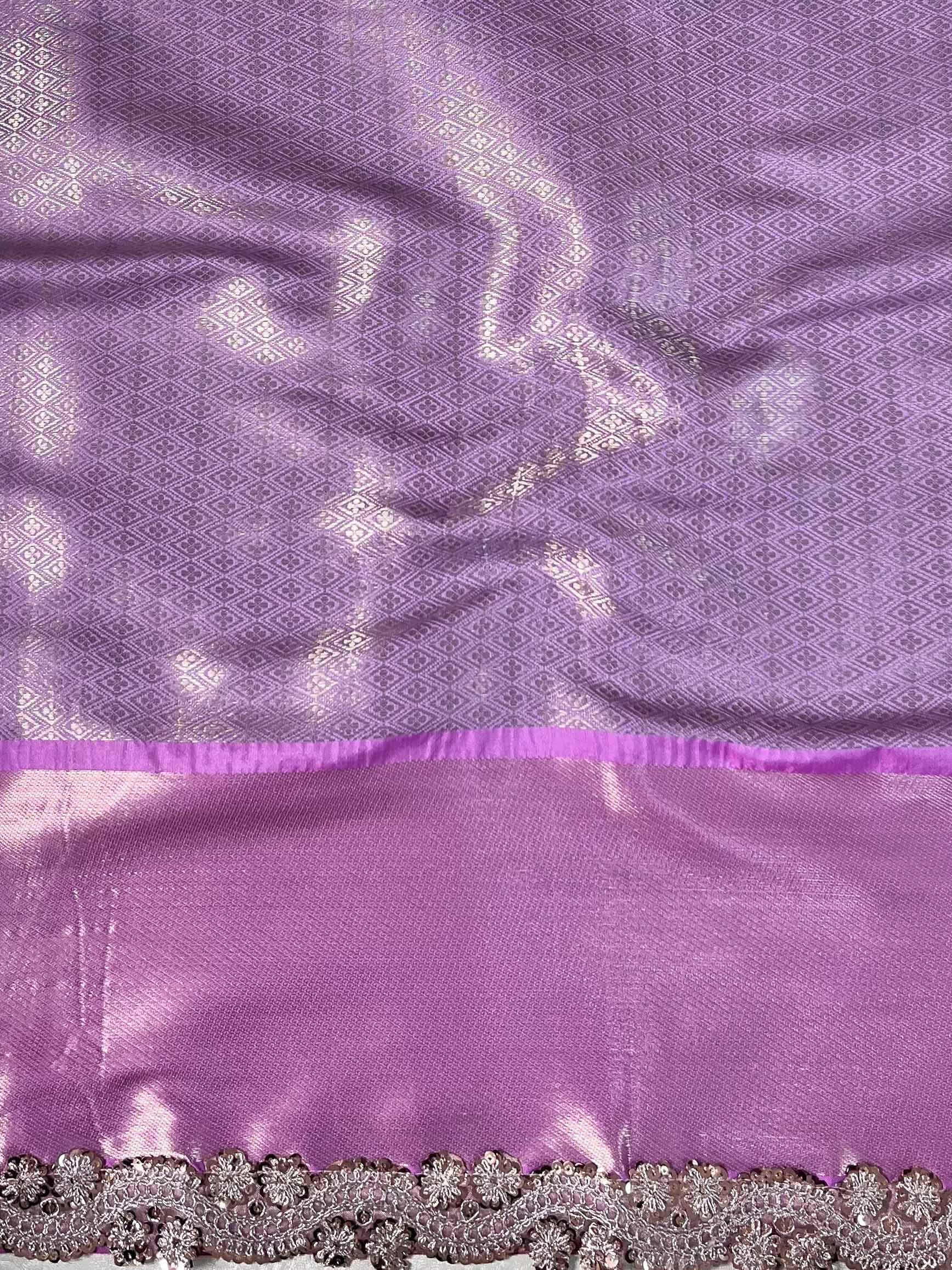 Banarasee Handwoven Tissue Saree With Zari Jaal Design & Border Lace-Green & Lavender
