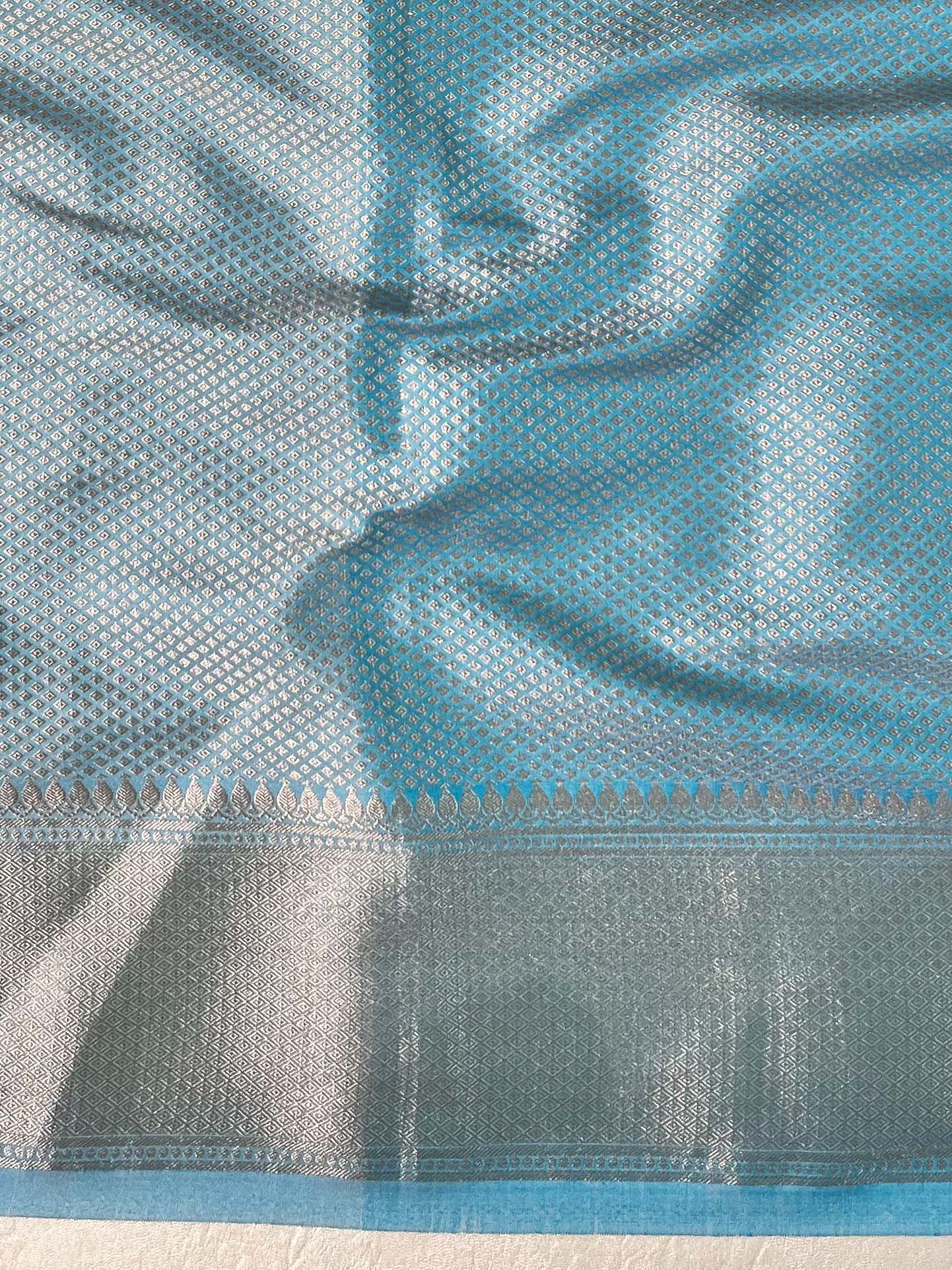 Banarasee Handwoven Semi Silk Saree With Zari Design & Lace-Light Blue