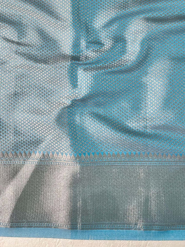 Banarasee Handwoven Semi Silk Saree With Zari Design & Lace-Light Blue