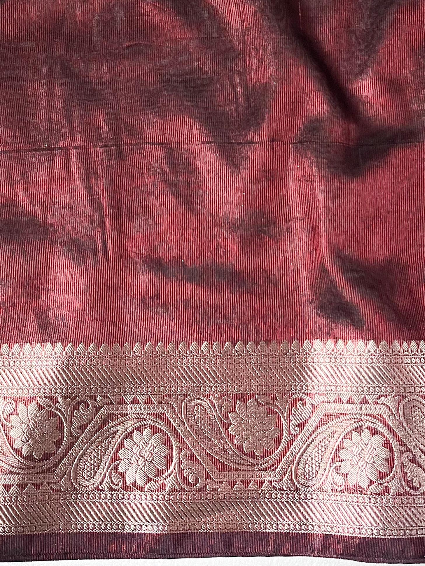 Banarasee Handwoven Tissue Saree With Gold Zari Border & Lace-Black & Red