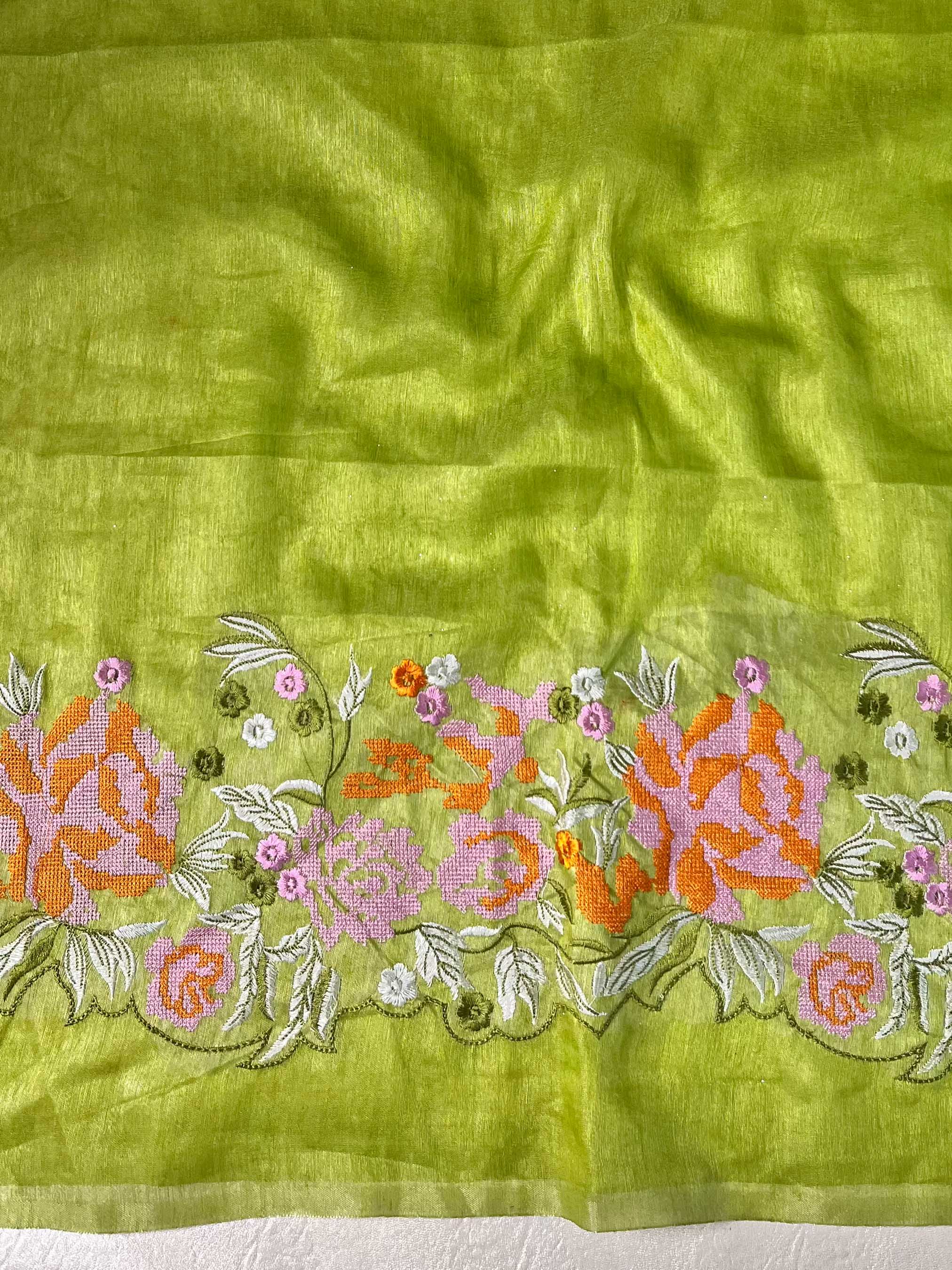 Bhagalpur Handloom Pure Linen Cotton Saree With Embroidery-Light Green