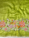 Bhagalpur Handloom Pure Linen Cotton Saree With Embroidery-Light Green