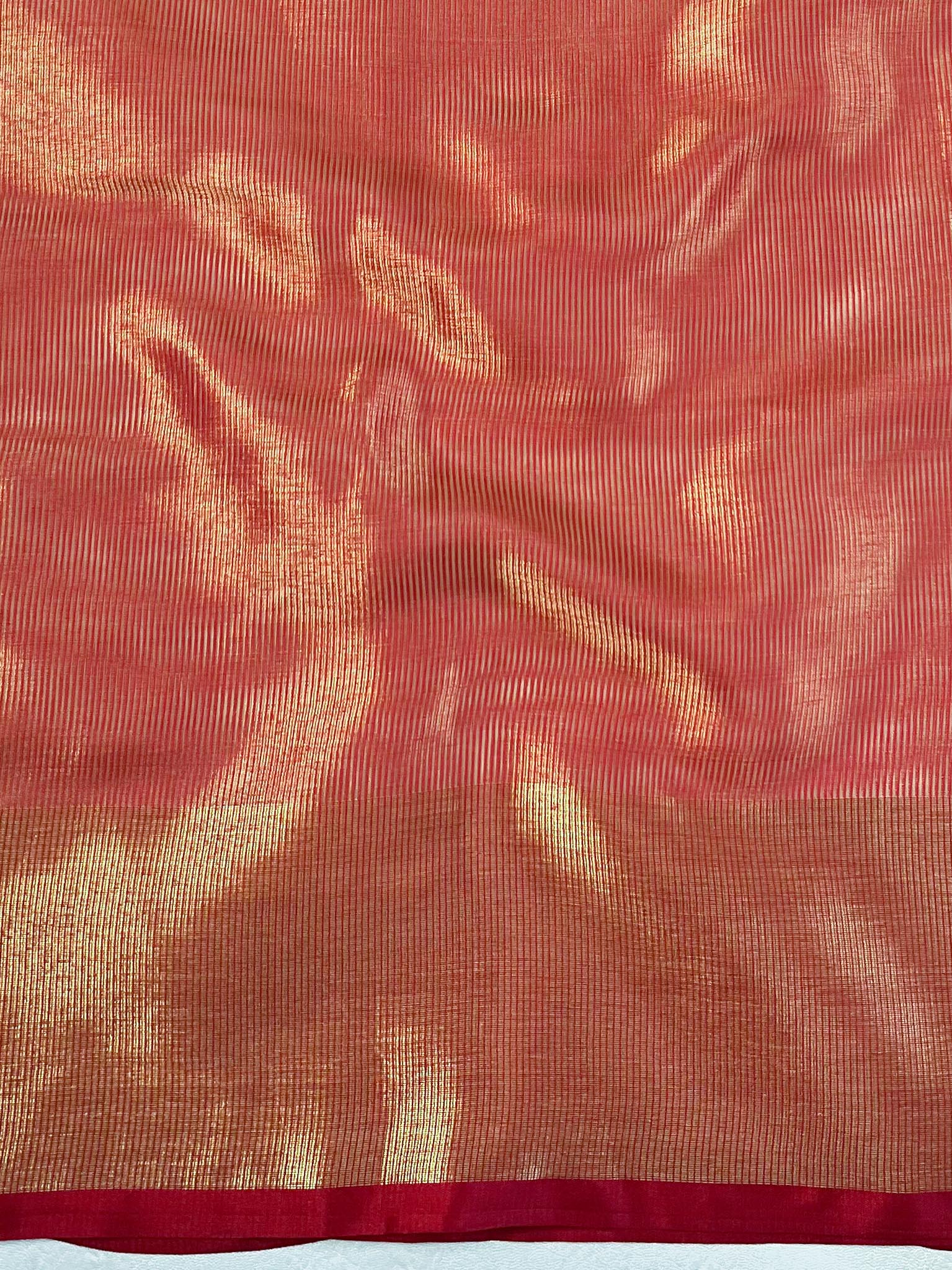 Banarasee Handwoven Broad Border Tissue Saree With Embroidered Design-Gold & Red