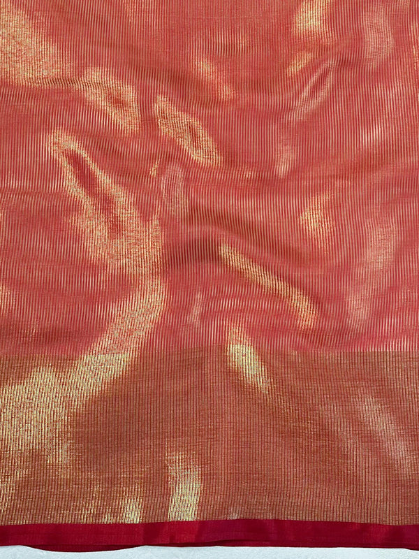 Banarasee Handwoven Broad Border Tissue Saree With Embroidered Design-Gold & Red