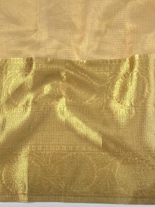 Banarasee Handwoven Broad Border Tissue Saree With Embroidered Design-Gold