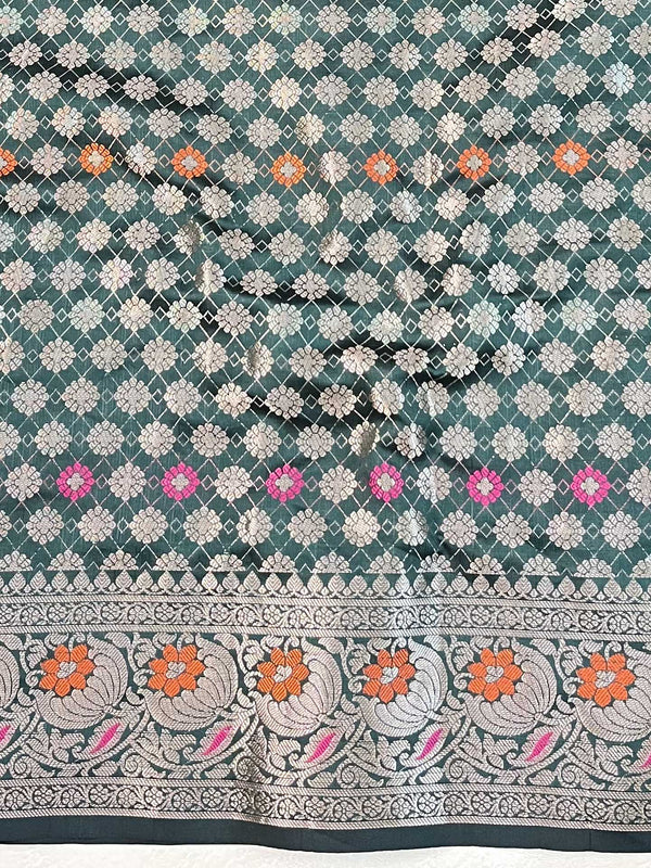 Banarasee Handwoven Semi Silk Saree With Zari Buti Design-Green