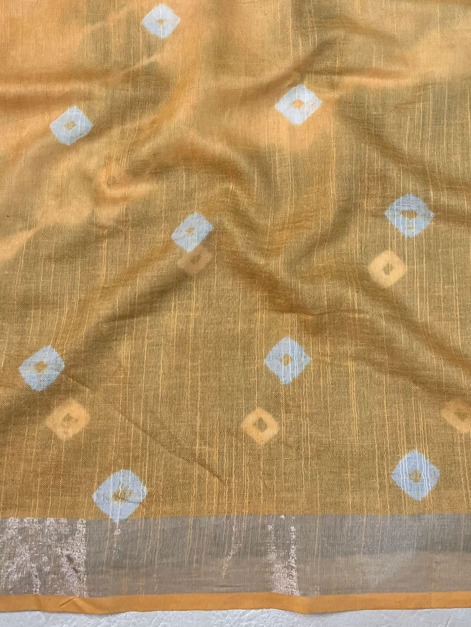 Bhagalpur Linen Cotton Saree With Hand Shibori Dyed-Green & Yellow