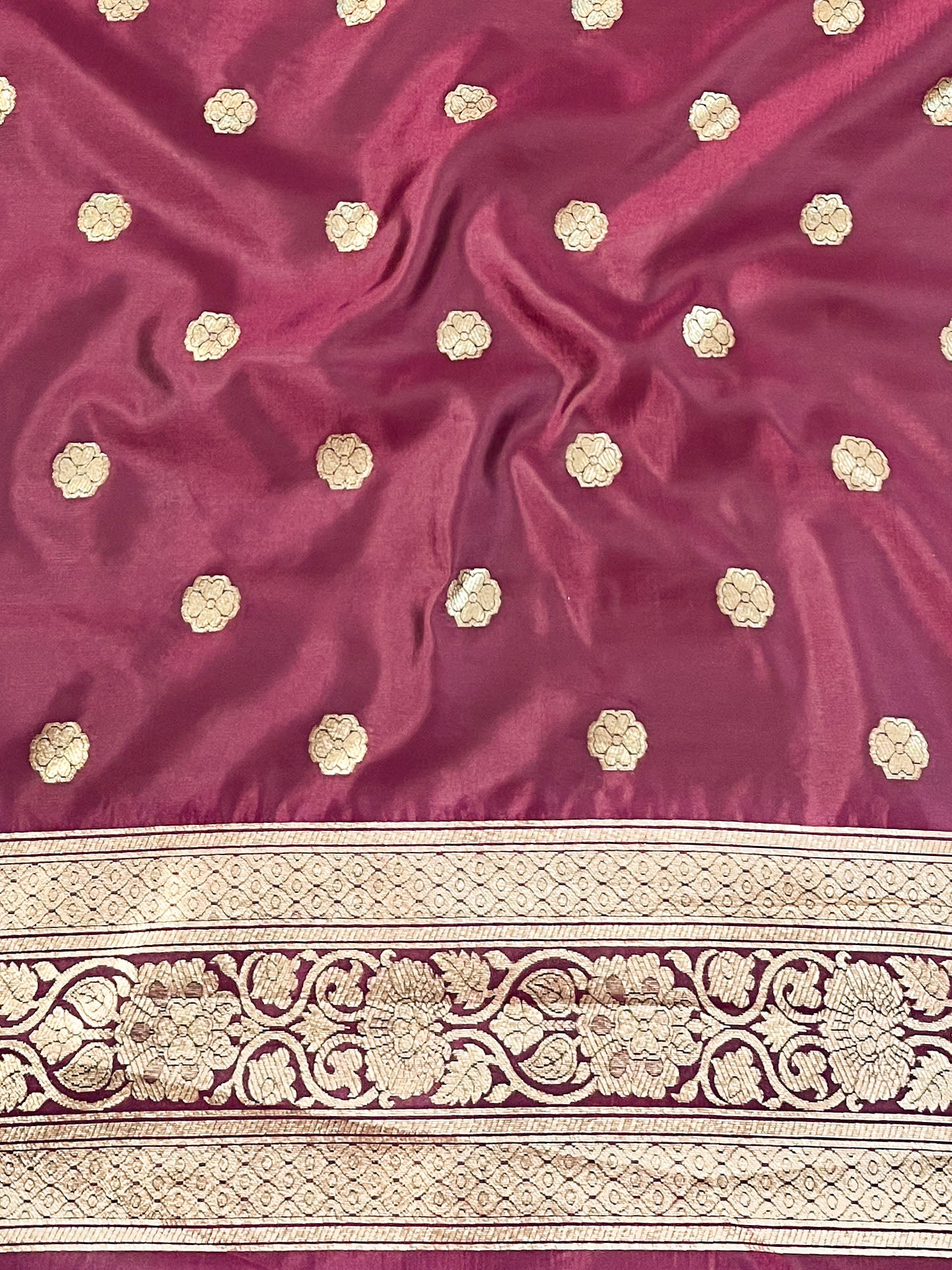 Banarasee Handwoven Semi Katan Saree With Sona Rupa Zari Jaal Design & Border-Maroon