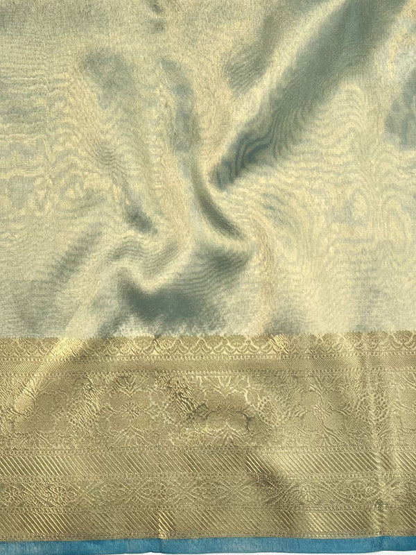 Banarasee Handwoven Broad Border Tissue Saree With Embroidered Jaal Design-Blue