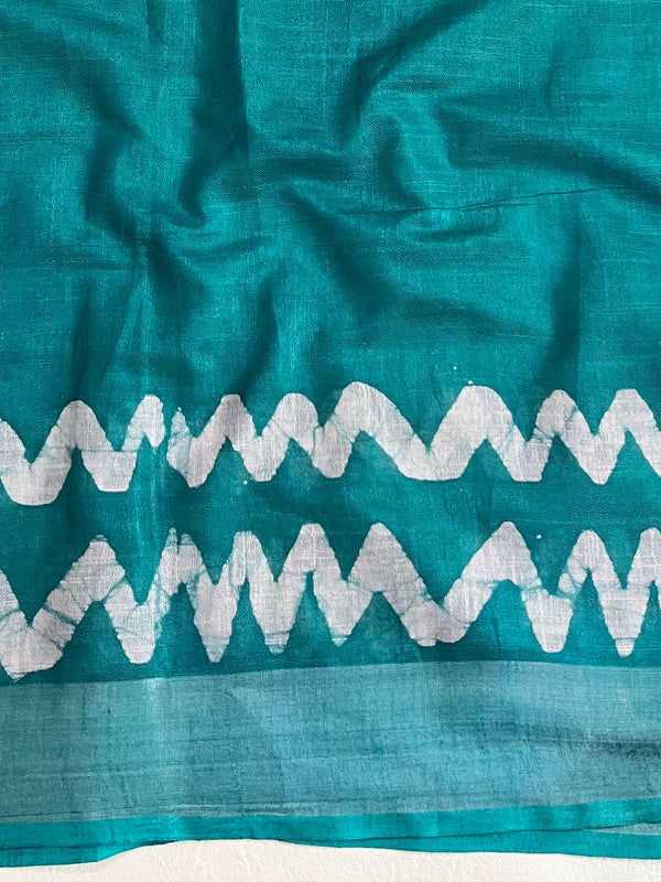Bhagalpur Handloom Pure Linen Cotton Batik Pattern Saree-Teal Green
