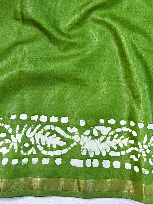 Bhagalpur Handloom Pure Linen Cotton Batik Pattern Saree-Light Green