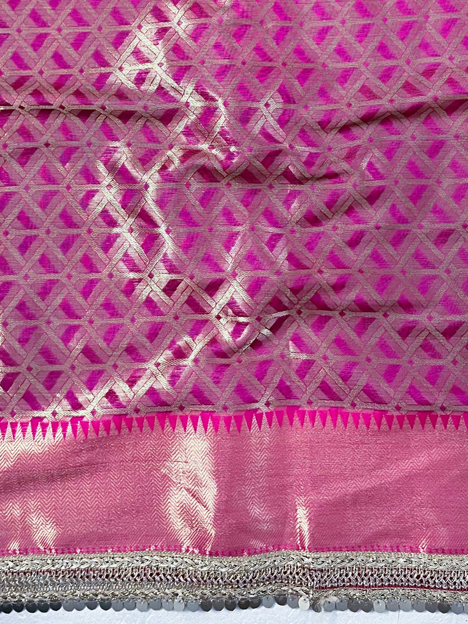 Banarasee Handwoven Tissue Saree With Zari Buti Design & Border Lace-Blue & Magenta