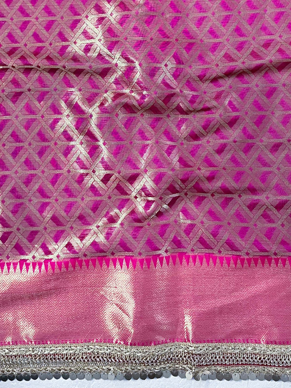 Banarasee Handwoven Tissue Saree With Zari Buti Design & Border Lace-Blue & Magenta