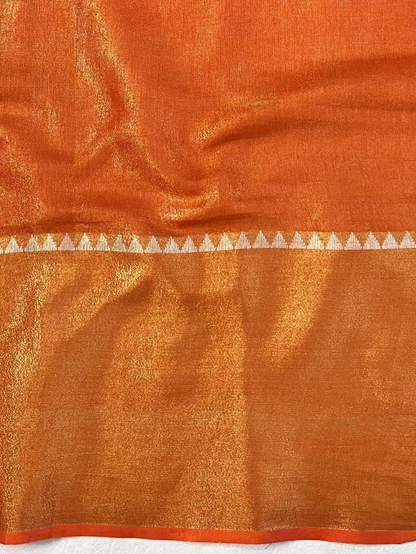 Banarasee Handloom Linen Saree With Mirror Work-Orange