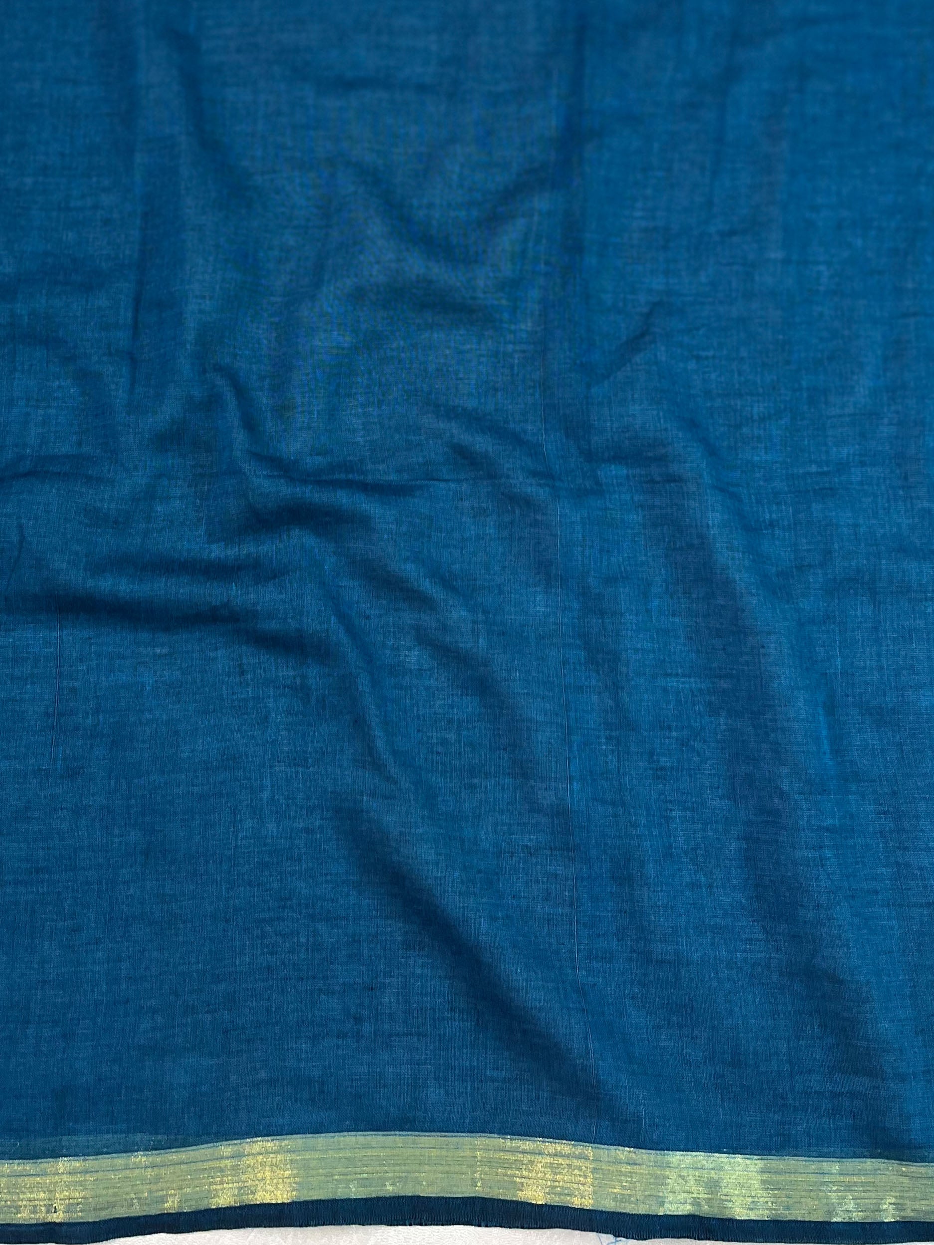 Handloom Mul Cotton Saree With Mirror Work Gold Zari Border-Cobalt Blue