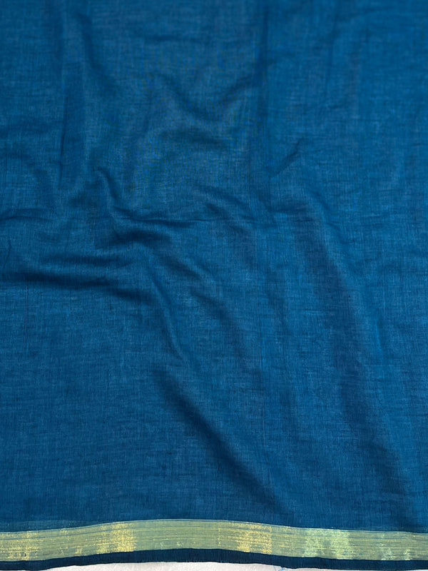 Handloom Mul Cotton Saree With Mirror Work Gold Zari Border-Cobalt Blue