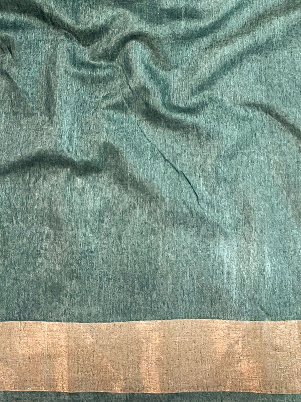 Bhagalpur Cotton Silk Ghichha Work Saree With Madhubani Print-Green & White
