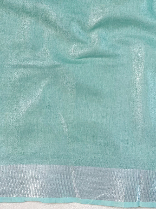 Banarasee Handloom Linen Saree With Mirror Work-Sea Green