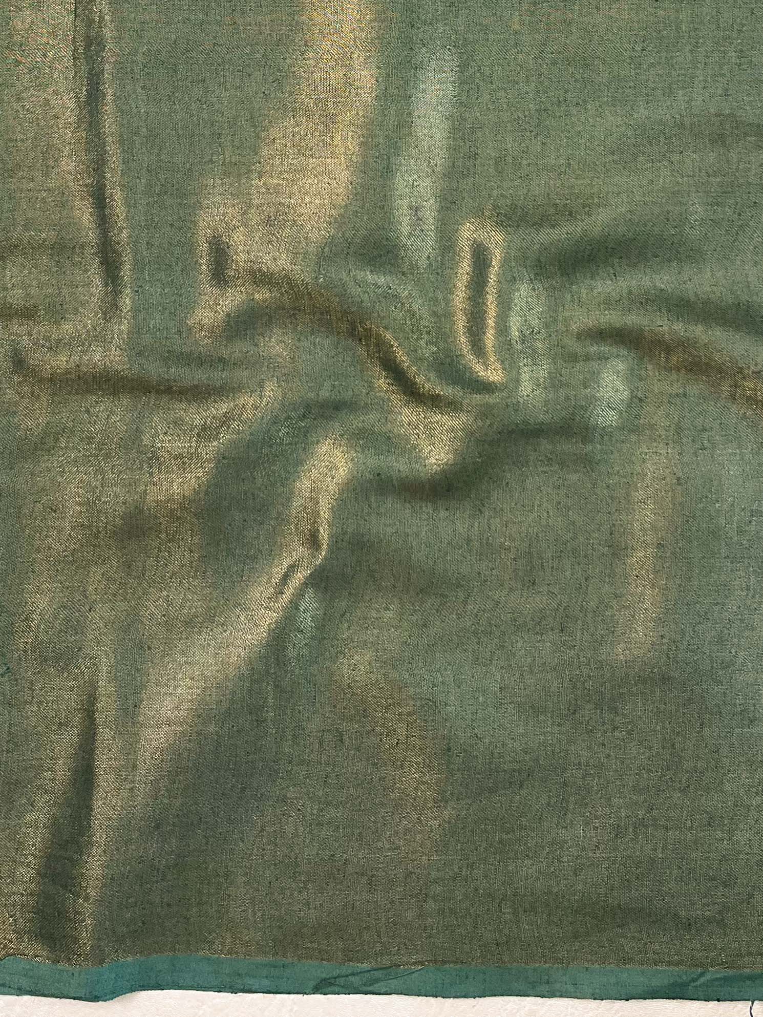 Banarasee Handloom Linen Saree With Mirror Work-Green
