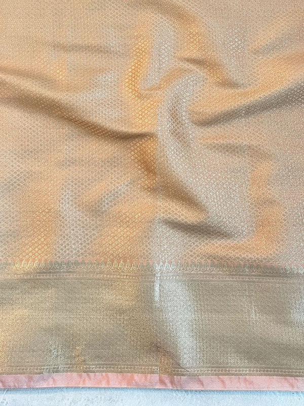 Banarasee Handwoven Semi Silk Saree With Zari Jaal Design & Lace-Peachy Pink