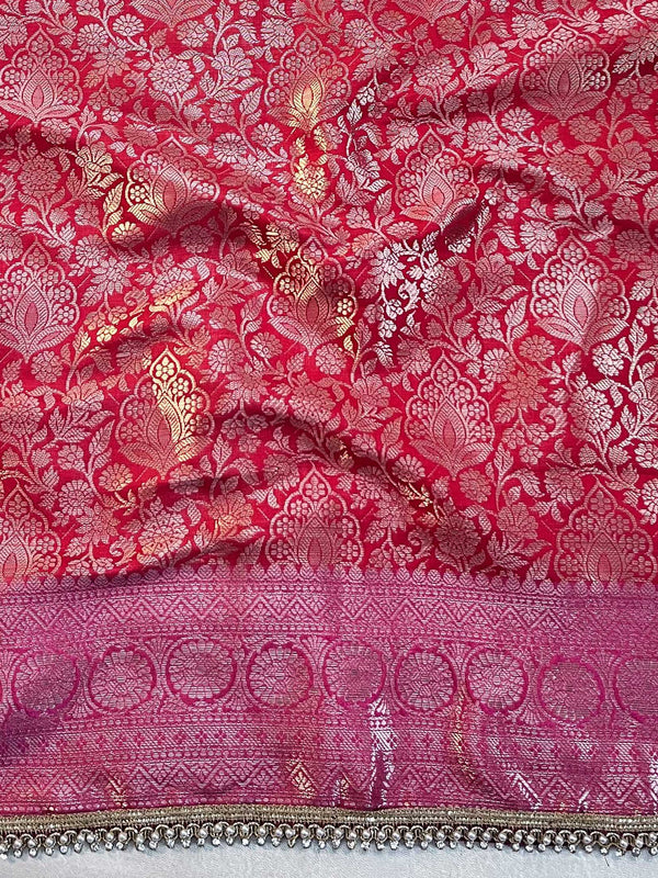 Banarasee Handwoven Tissue Saree With Zari Jaal Design & Lace-Red & Pink