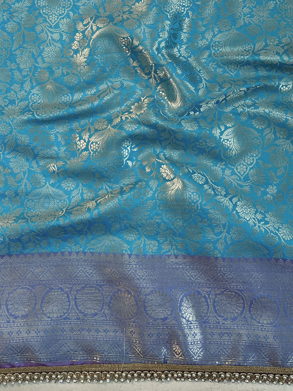 Banarasee Handwoven Tissue Saree With Zari Jaal Design & Lace-Sky Blue & Violet