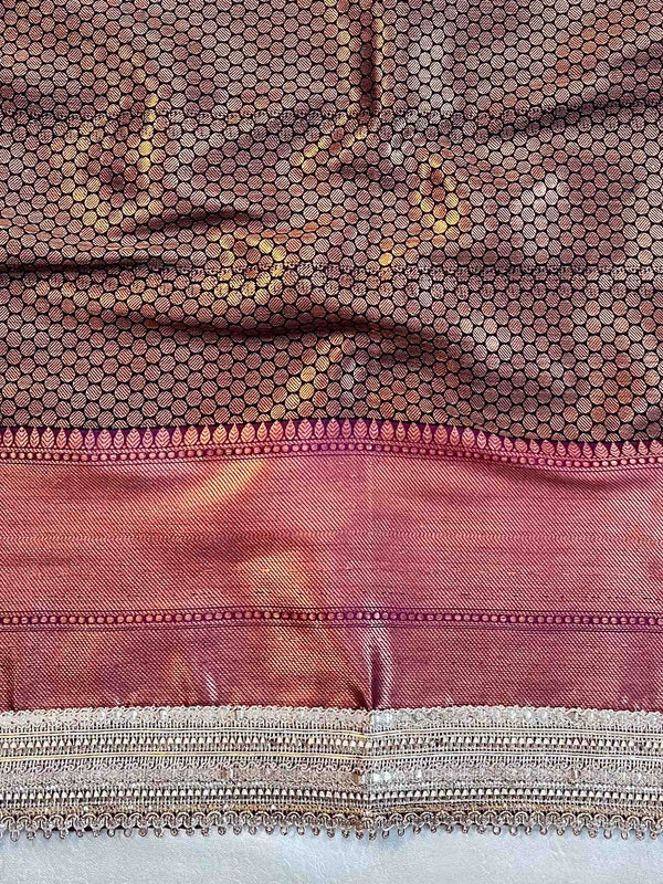 Banarasee Handwoven Semi Silk Saree With Zari Jaal Design Contrast Border & Lace-Black & Magenta