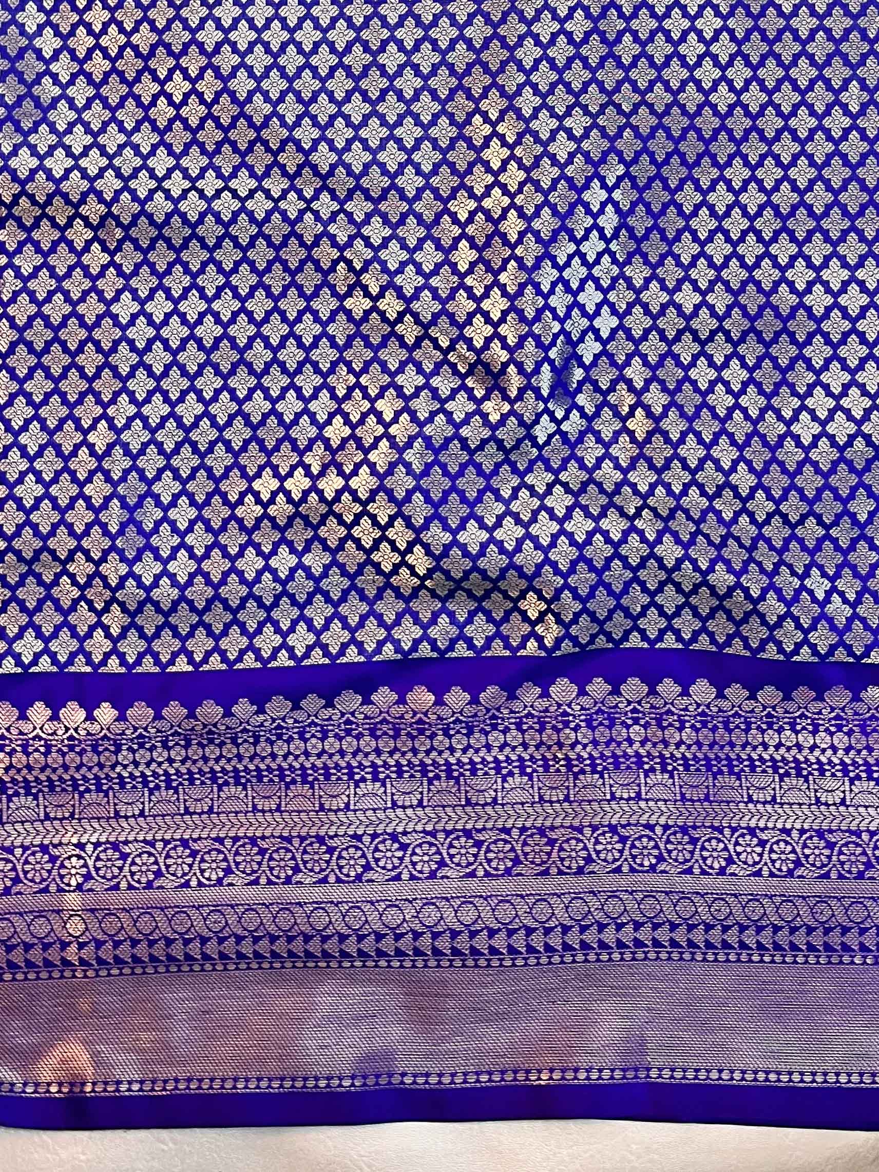 Banarasee Handwoven Tissue Saree With Silver Zari Design Broad Border & Lace-Blue (Dual Shade)