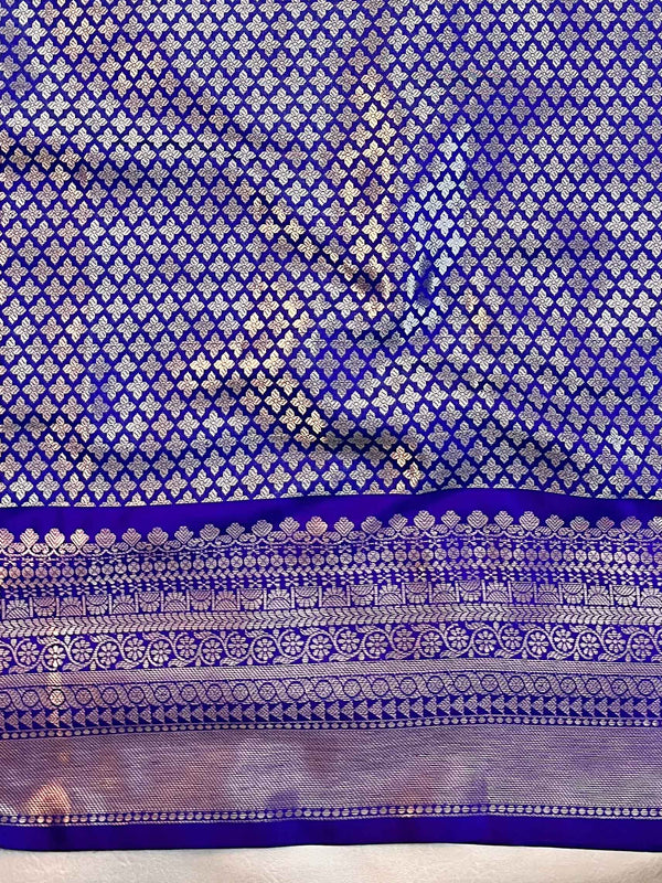Banarasee Handwoven Tissue Saree With Silver Zari Design Broad Border & Lace-Blue (Dual Shade)